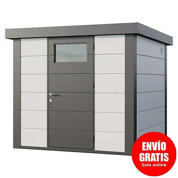 Telluria Caseta para jardín Classico 2424 - Medidas ext. (An x Pr): 258 x 258 cm, Acero, Blanco/Antracita, Sin set - Imagen de un cobertizo de jardín moderno gris con puerta y ventana. Ideal para almacenamiento exterior.