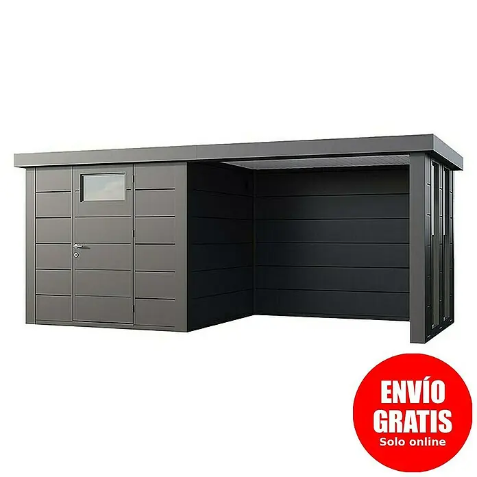 Telluria Caseta para jardín Classico 2424 con salón a la derecha y 2 ventanas - Medidas ext. (An x Pr): 542 x 258 cm, Acero, Antracita, Sin set - Imagen de una caseta de herramientas moderna de color antracita con cochera integrada. Solución práctica y elegante para almacenamiento y refugio.