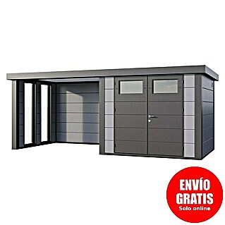 Telluria Caseta metálica Classico 2724 con salón a la izquierda y 2 ventanas (Medidas ext. (An x Pr): 572 x 258 cm, Acero, Gris claro/Antracita, Sin set)