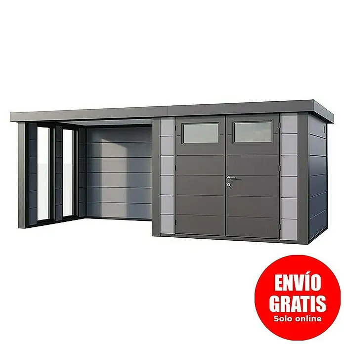 Telluria Caseta para jardín Classico 2724 con salón a la izquierda y 2 ventanas - Medidas ext. (An x Pr): 572 x 258 cm, Acero, Gris claro/Antracita, Sin set - Combinación moderna de caseta de jardín con puerta doble y anexo. Ideal para herramientas de jardín y almacenamiento exterior extra.