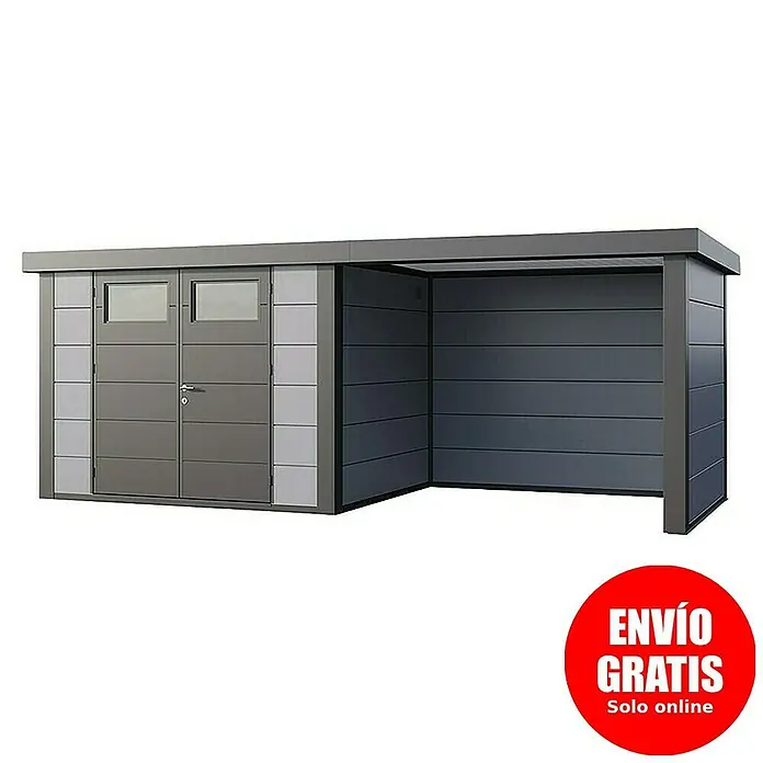 Telluria Caseta para jardín Classico 3024 con salón a la derecha - Medidas ext. (An x Pr): 602 x 258 cm, Acero, Gris claro/Antracita, Sin set - Imagen de un cobertizo de herramientas gris con una cochera adjunta. El cobertizo tiene una puerta doble y ventanas.