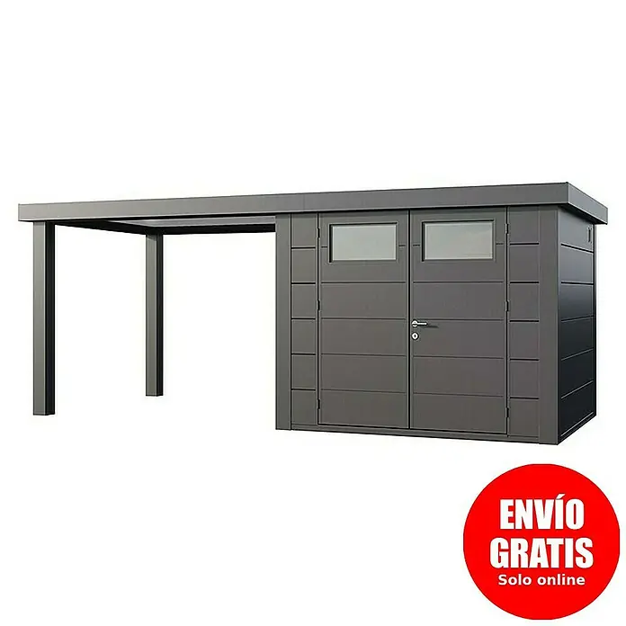 Telluria Caseta para jardín Classico 2724 con salón abierto a la izquierda - Medidas ext. (An x Pr): 572 x 258 cm, Acero, Antracita, Sin set - Imagen de un moderno cobertizo de jardín con área cubierta, ideal para soluciones de almacenamiento al aire libre.