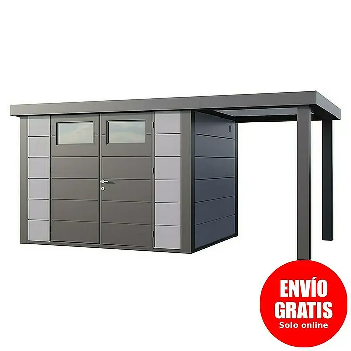 Telluria Caseta para jardín Classico 3024 con salón abierto a la derecha - Medidas ext. (An x Pr): 486 x 258 cm, Acero, Gris claro/Antracita, Sin set - La imagen muestra una caseta de herramientas moderna con extensión, ideal para el almacenamiento en el jardín. Ofrece protección adicional contra el clima.