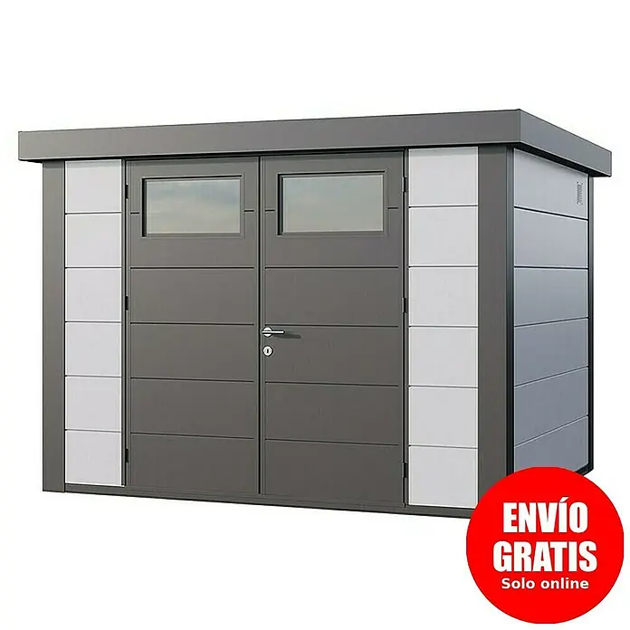 Telluria Caseta para jardín Classico 3024 - Medidas ext. (An x Pr): 318 x 258 cm, Acero, Blanco/Antracita, Sin set - Imagen de un cobertizo de jardín moderno con puertas dobles y ventanas. El cobertizo es gris y blanco y tiene un techo plano.