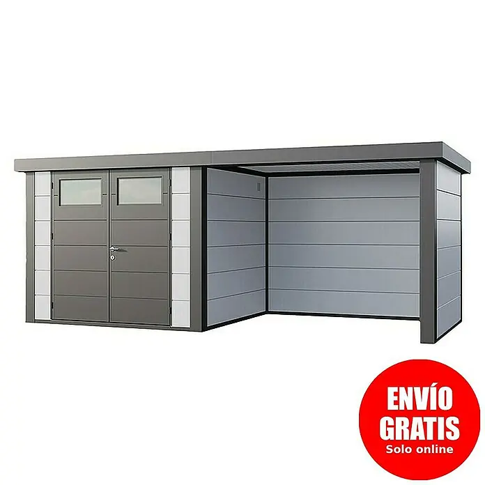 Telluria Caseta para jardín Classico 2724 con salón a la derecha - Medidas ext. (An x Pr): 572 x 258 cm, Acero, Blanco/Antracita, Sin set - Imagen de un cobertizo de jardín moderno con cochera, ideal para almacenamiento exterior. Diseño sencillo y funcional.
