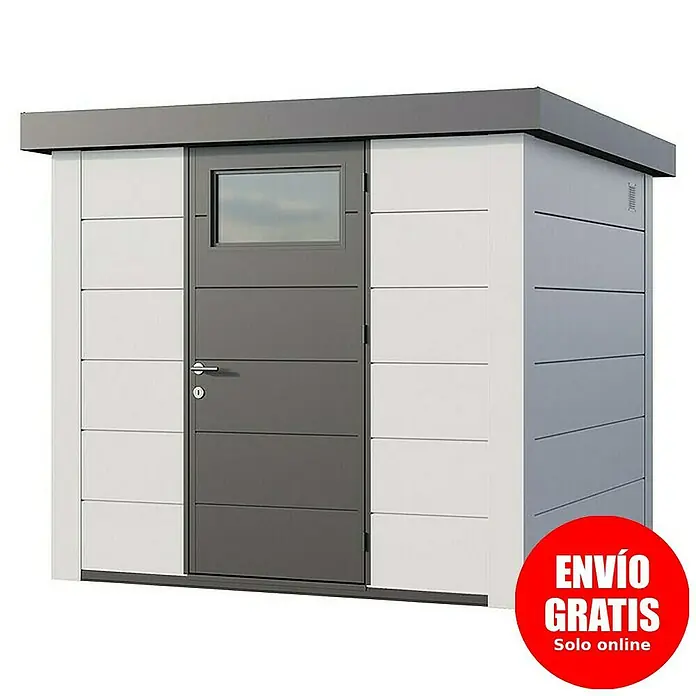 Telluria Caseta para jardín Classico 2424 - Medidas ext. (An x Pr): 258 x 258 cm, Acero, Blanco, Sin set - Imagen de un cobertizo de herramientas moderno con puerta gris y paredes laterales blancas.