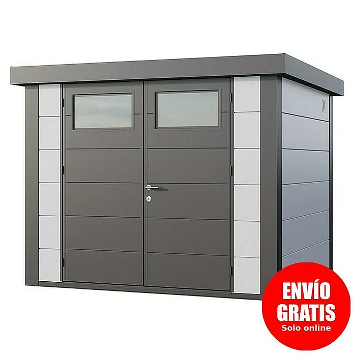 Telluria Caseta para jardín Classico 2724 - Medidas ext. (An x Pr): 288 x 258 cm, Acero, Blanco/Antracita, Sin set - Imagen de un cobertizo de herramientas moderno con puertas grises y detalles en blanco. Solución práctica para el jardín.