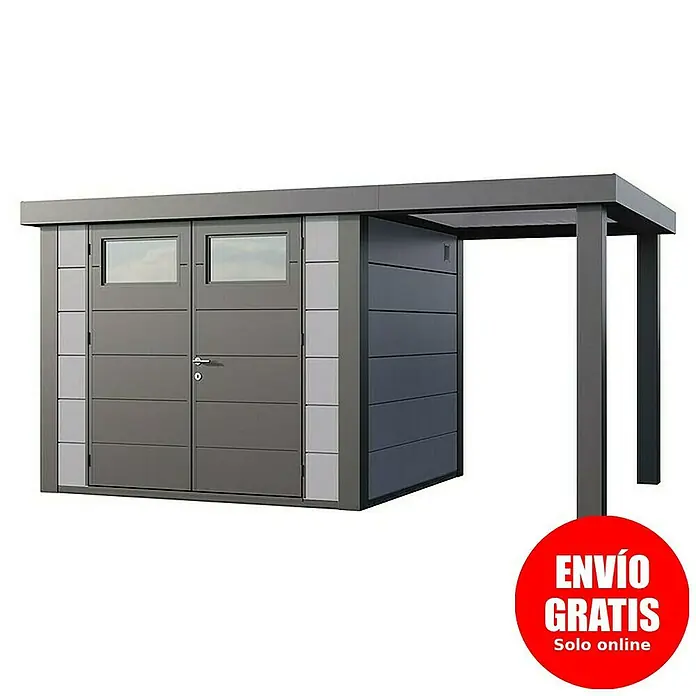 Telluria Caseta para jardín Classico 2724 con salón abierto a la derecha - Medidas ext. (An x Pr): 456 x 258 cm, Acero, Gris claro/Antracita, Sin set - Imagen de un cobertizo de jardín moderno con toldo, ideal para guardar equipos y herramientas de jardinería.