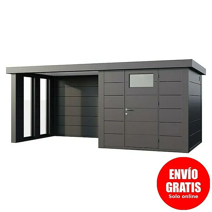 Telluria Caseta para jardín Classico 2424 con salón a la izquierda y 2 ventanas - Medidas ext. (An x Pr): 542 x 258 cm, Acero, Antracita, Sin set - Imagen de una caseta de herramientas moderna con ampliación. La caseta de herramientas es de color gris oscuro y ofrece espacio de almacenamiento.