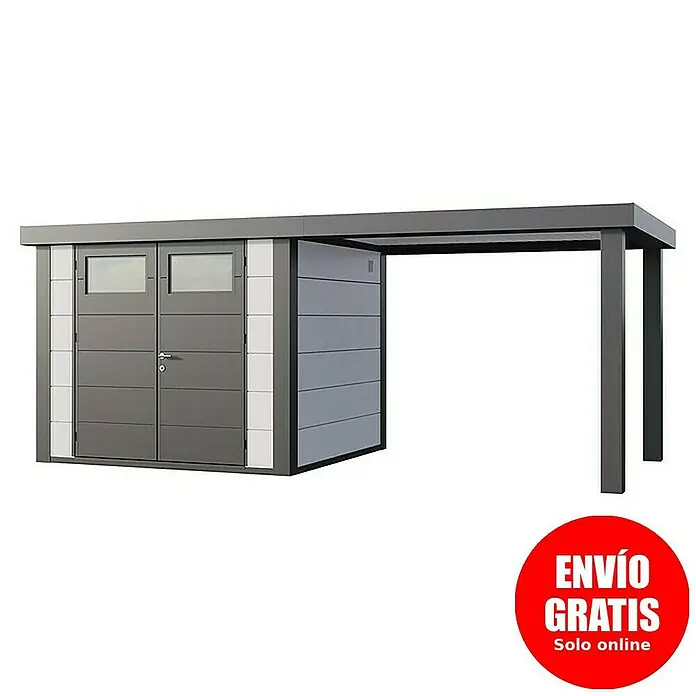 Telluria Caseta para jardín Classico 2724 con salón abierto a la derecha - Medidas ext. (An x Pr): 572 x 258 cm, Acero, Blanco/Antracita, Sin set - Imagen de un cobertizo de herramientas moderno con cochera integrada en gris y blanco, combinando funcionalidad y diseño.