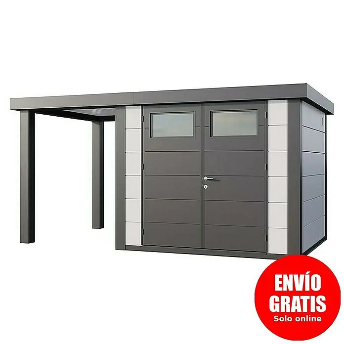 Telluria Caseta para jardín Classico 2724 con salón abierto a la izquierda - Medidas ext. (An x Pr): 456 x 258 cm, Acero, Blanco/Antracita, Sin set - Imagen de una caseta de herramientas moderna con extensión, ideal para jardín o taller. La caseta tiene un esquema de color gris con detalles blancos.