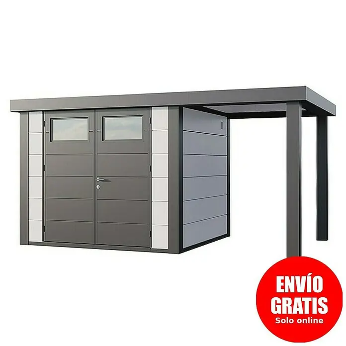 Telluria Caseta para jardín Classico 2724 con salón abierto a la derecha - Medidas ext. (An x Pr): 456 x 258 cm, Acero, Blanco/Antracita, Sin set - Un cobertizo de jardín moderno con cochera integrada, que ofrece un espacio de almacenamiento práctico y refugio para su vehículo.