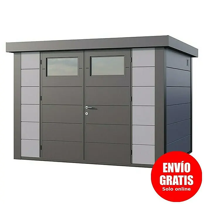 Telluria Caseta para jardín Classico 3024 - Medidas ext. (An x Pr): 318 x 258 cm, Acero, Gris claro/Antracita, Sin set - Imagen de una caseta de jardín gris con puertas dobles y ventanas. Ideal para guardar herramientas de jardín.