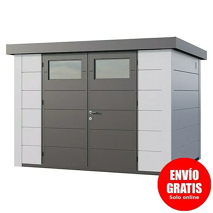 Telluria Caseta para jardín Classico 3024 - Medidas ext. (An x Pr): 318 x 258 cm, Acero, Blanco, Sin set - Imagen de una caseta de jardín moderna con puertas dobles y ventanas. Ideal para guardar herramientas y equipos.