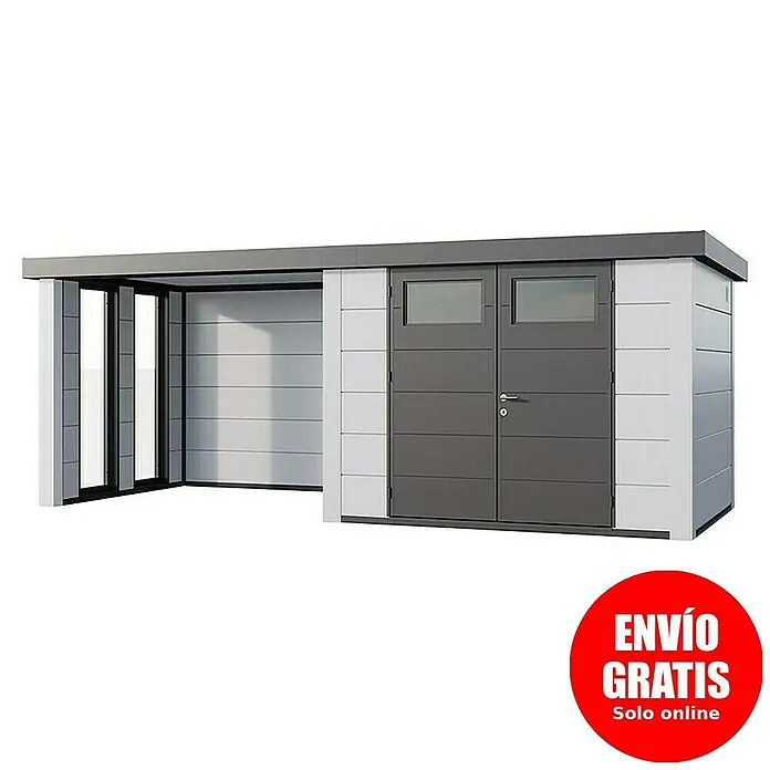 Telluria Caseta para jardín Classico 3024 con salón a la izquierda y 2 ventanas - Medidas ext. (An x Pr): 602 x 258 cm, Acero, Blanco, Sin set - Imagen de una caseta de jardín moderna con puertas dobles y zona cubierta, ideal para almacenamiento y protección contra el clima.
