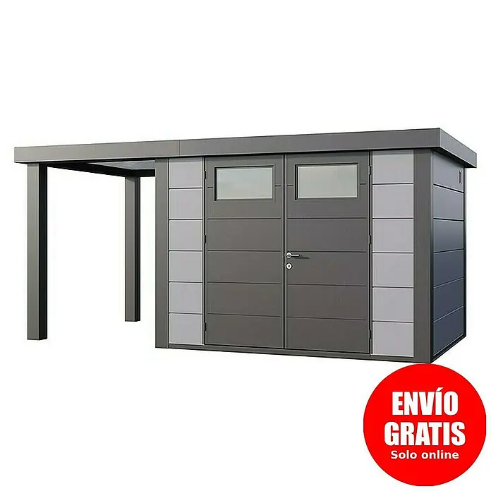 Telluria Caseta para jardín Classico 3024 con salón abierto a la izquierda - Medidas ext. (An x Pr): 486 x 258 cm, Acero, Gris claro/Antracita, Sin set - Imagen de un cobertizo de jardín moderno con carport, ideal para el almacenamiento y como refugio en el jardín.