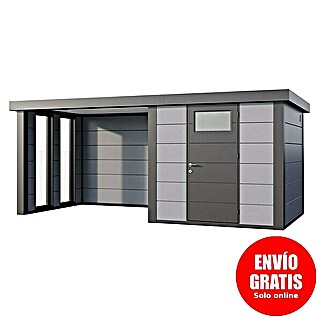 Telluria Caseta metálica Classico 2424 con salón a la izquierda y 2 ventanas (Medidas ext. (An x Pr): 542 x 258 cm, Acero, Gris claro/Antracita, Sin set)