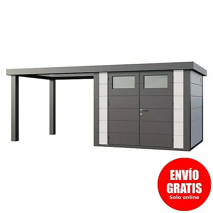 Telluria Caseta para jardín Classico 2724 con salón abierto a la izquierda - Medidas ext. (An x Pr): 572 x 258 cm, Acero, Blanco/Antracita, Sin set - Imagen de una caseta de jardín moderna con cochera, ideal para guardar herramientas de jardín y proteger su vehículo del clima.