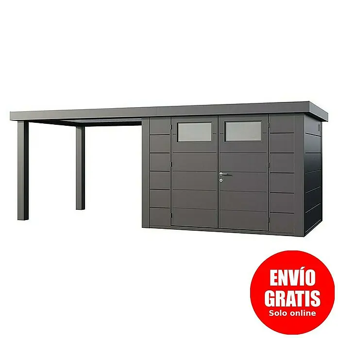 Telluria Caseta para jardín Classico 3024 con salón abierto a la izquierda - Medidas ext. (An x Pr): 602 x 258 cm, Acero, Antracita, Sin set - Imagen de una caseta de herramientas moderna con toldo. La caseta es gris y tiene una puerta doble con ventanas.