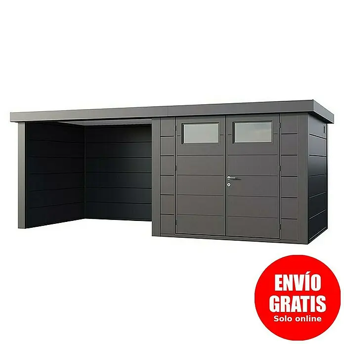 Telluria Caseta para jardín Classico 2724 con salón a la izquierda - Medidas ext. (An x Pr): 572 x 258 cm, Acero, Antracita, Sin set - Imagen de un cobertizo gris con toldo y puerta doble. Ideal para guardar equipos y herramientas de jardín.