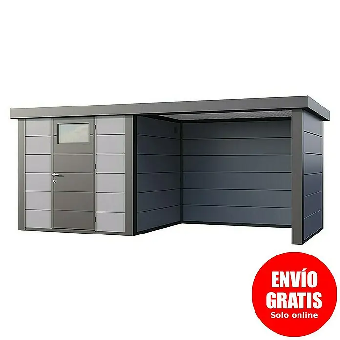 Telluria Caseta para jardín Classico 2424 con salón a la derecha - Medidas ext. (An x Pr): 542 x 258 cm, Acero, Gris claro/Antracita, Sin set - La imagen muestra un cobertizo de jardín gris moderno con una cochera integrada. El cobertizo tiene una puerta con ventana y techo plano.