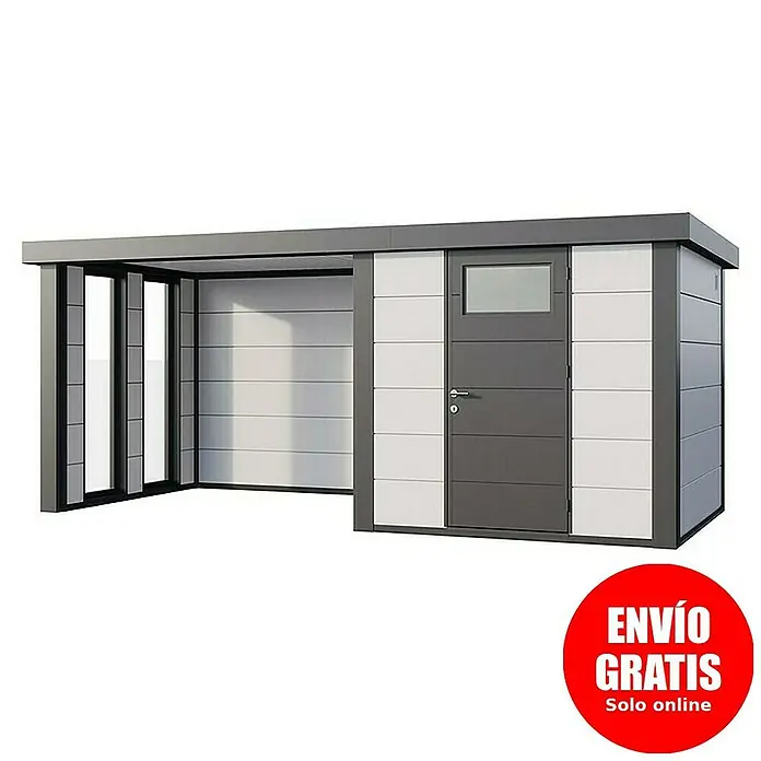 Telluria Caseta para jardín Classico 2424 con salón a la izquierda y 2 ventanas - Medidas ext. (An x Pr): 542 x 258 cm, Acero, Blanco/Antracita, Sin set - Imagen de una caseta moderna con cochera, ideal para jardín y almacenamiento de herramientas. Diseño duradero y elegante.