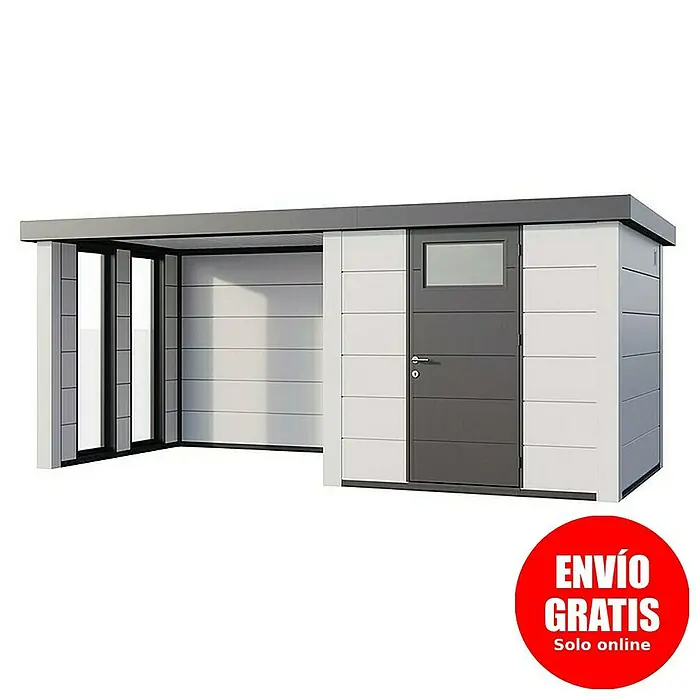 Telluria Caseta para jardín Classico 2424 con salón a la izquierda y 2 ventanas - Medidas ext. (An x Pr): 542 x 258 cm, Acero, Blanco, Sin set - Imagen de una caseta de jardín moderna con extensión, ideal para almacenamiento y protección en exteriores.