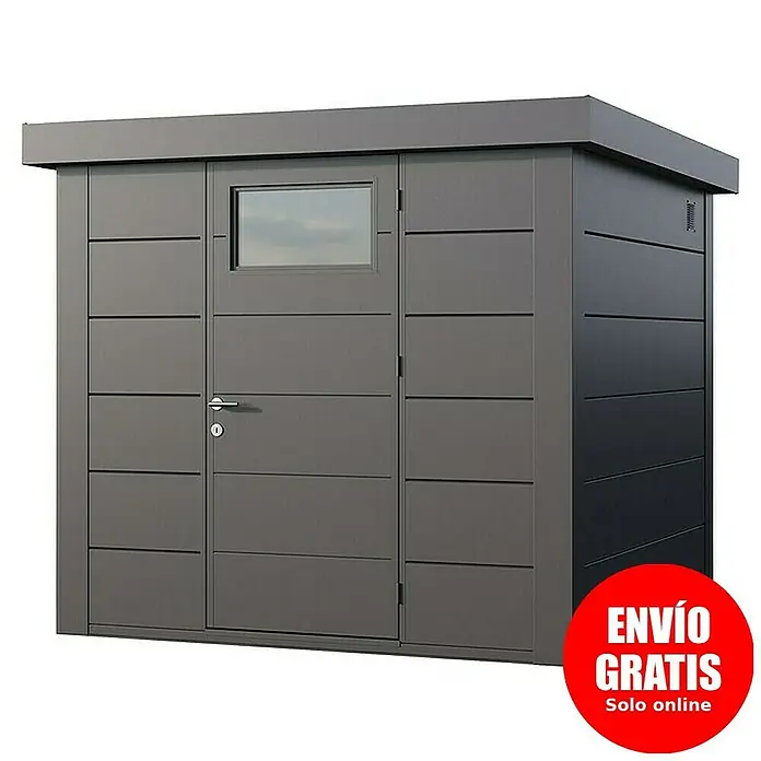 Telluria Caseta para jardín Classico 2424 - Medidas ext. (An x Pr): 258 x 258 cm, Acero, Antracita, Sin set - Imagen de un cobertizo moderno con techo plano, de color gris, y una ventana en la puerta.