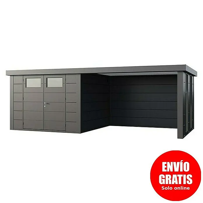 Telluria Caseta para jardín Classico 3030 con salón a la derecha y 2 ventanas - Medidas ext. (An x Pr): 662 x 318 cm, Acero, Antracita, Sin set - Imagen de una caseta de jardín moderna, gris, con puerta doble y extensión, ideal para herramientas de jardín y refugio.
