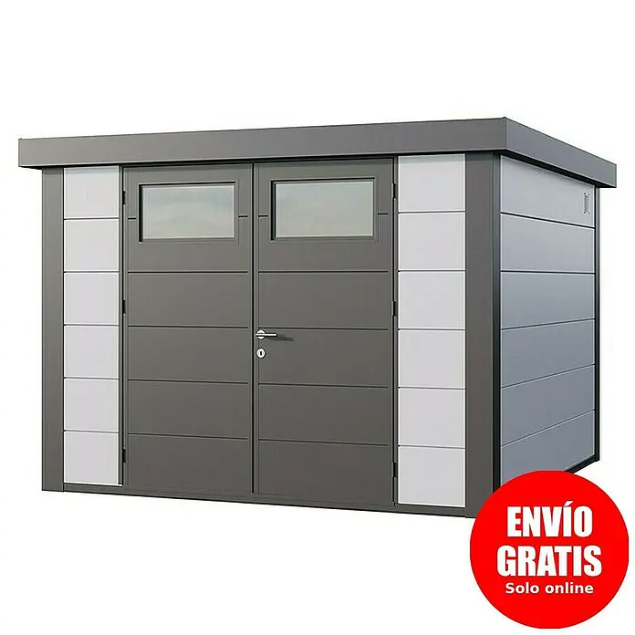 Telluria Caseta para jardín Classico 3030 - Medidas ext. (An x Pr): 318 x 318 cm, Acero, Blanco/Antracita, Sin set - Imagen de una caseta de jardín moderna con puertas dobles y ventanas, perfecta para el almacenamiento.