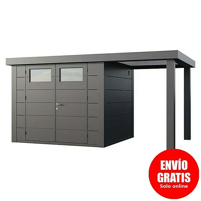Telluria Caseta para jardín Classico 2724 con salón abierto a la derecha - Medidas ext. (An x Pr): 456 x 258 cm, Acero, Antracita, Sin set - Imagen de un cobertizo de herramientas moderno con extensión. Está en colores oscuros y tiene ventanas.