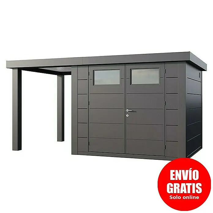 Telluria Caseta para jardín Classico 2724 con salón abierto a la izquierda - Medidas ext. (An x Pr): 456 x 258 cm, Acero, Antracita, Sin set - Imagen de un cobertizo de jardín moderno con dos puertas. Ideal para el almacenamiento en el jardín con un diseño elegante.
