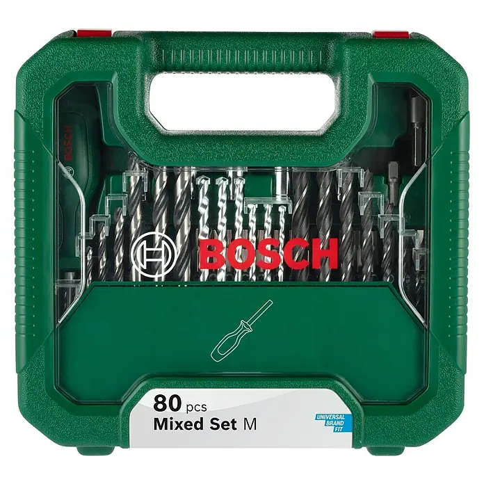 Bosch Bohrer- & Bit-Set Mixed Set M mit Sichtfenster - 80 -tlg. - Bohrer-Set von Bosch, Modell "Mixed Set M", mit 80 Teilen in einem grünen Koffer für vielfältige Bohranwendungen.