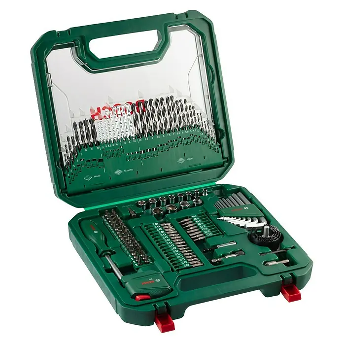 Bosch Bohrer- & Bit-Set Mixed Set L mit Sichtfenster - 126 -tlg. - Das Bild zeigt ein grünes Bosch Werkzeugset mit verschiedenen Bohrern, Bits und Schraubendrehern, ideal für Heimwerker.