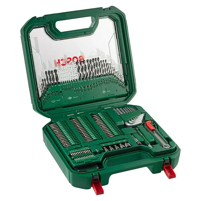 Bosch Werkzeug-Set Mixed Set XL mit Sichtfenster - 239 -tlg. - Ein grüner Bosch Werkzeugkoffer, geöffnet, zeigt eine Vielfalt an Bohrern, Bits und Werkzeugen, ideal für Heimwerker und Profis.