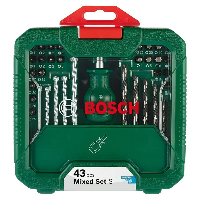 Bosch Bohrer- & Bit-Set Mixed Set S mit Sichtfenster - 43 -tlg. - Abbildung einer grünen Bosch-Werkzeugkiste "43 Mixed Set S" mit verschiedenen Bohrern und Bits, ideal für Heimwerkerarbeiten.