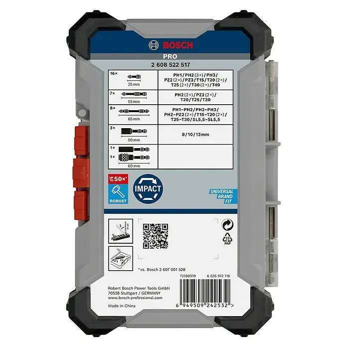 Bosch Set de puntas para atornillador PRO Impact - 36 pzs. - Imagen de un juego de puntas Bosch Pro con varias puntas de destornillador, tamaños y detalles técnicos para usuarios profesionales.