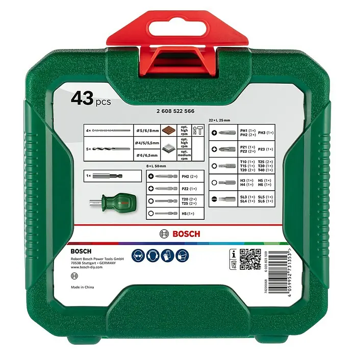 Bosch Bohrer- & Bit-Set Mixed Set S mit Sichtfenster - 43 -tlg. - Bosch 43-teiliges Schrauberbit-Set in grüner Box mit rotem Griff, ideal für Heimwerker und Profis. Vielseitiges Zubehör für Schraubarbeiten.