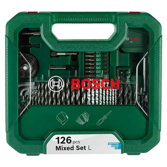 Bosch Bohrer- & Bit-Set Mixed Set L mit Sichtfenster - 126 -tlg. - Ein grüner Bosch Werkzeugkoffer mit 126 Teilen, inklusive Bohrern und Bits, für vielseitige Anwendungen und universelle Passform.