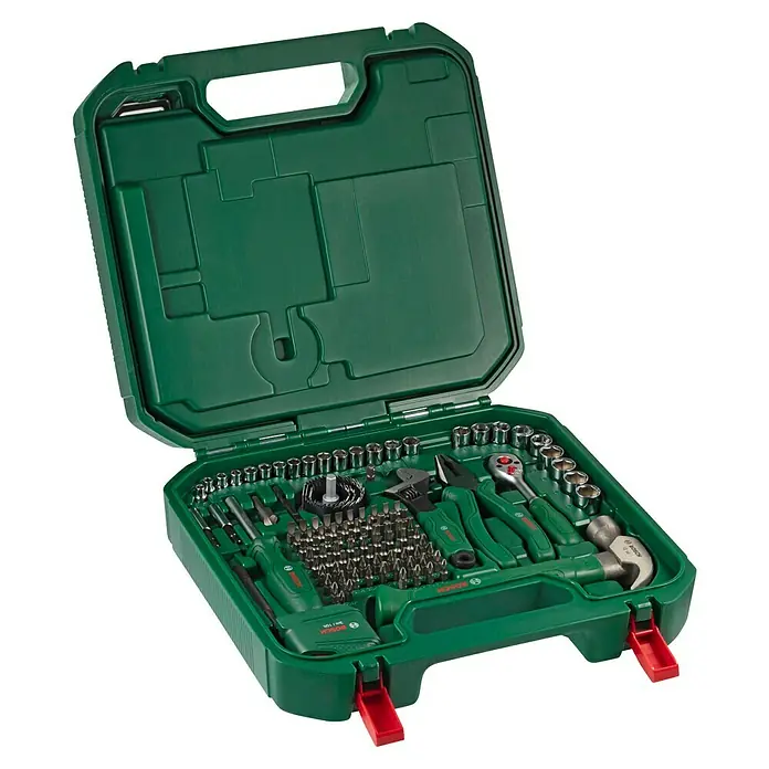Bosch Werkzeug-Set Mixed Set XL mit Sichtfenster - 239 -tlg. - Offener grüner Bosch Werkzeugkoffer mit einer Vielzahl von Werkzeugen, ordentlich angeordnet für Heimwerkerprojekte.
