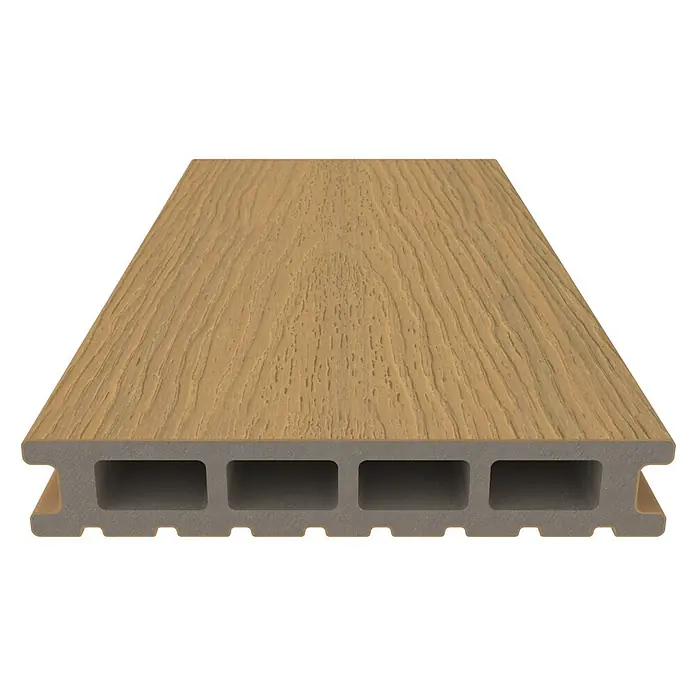 b!design WPC-Terrassendiele - 300 x 14,5 x 2,5 cm, Eiche - Ansicht eines Terrassendielen-Profils aus WPC mit Holzstruktur und Hohlkammern. Das Produkt ist langlebig und witterungsbeständig.