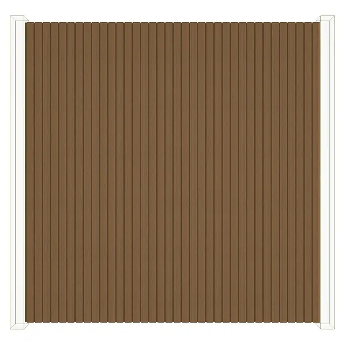 b!design Wandpaneel WPC Outdoor - Teak, Holz, 300 cm x 17,5 cm x 2,1 mm - Nahaufnahme einer braunen WPC Zaunblende mit Rahmen, die für moderne und pflegeleichte Gartengestaltung entworfen wurde.