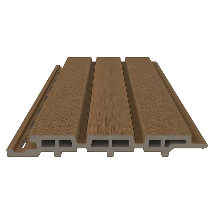 b!design Wandpaneel WPC Outdoor - Teak, Holz, 300 cm x 17,5 cm x 2,1 mm - Drei braune WPC-Verbundpaneele mit sichtbaren Hohlräumen für den Außenbereich. Moderne Fassadenverkleidung für Haus und Garten.
