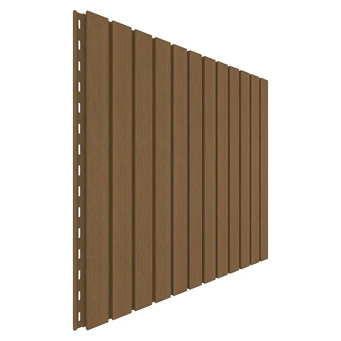 b!design Wandpaneel WPC Outdoor - Teak, Holz, 300 cm x 17,5 cm x 2,1 mm - Nahaufnahme einer Holzfassadenverkleidung in brauner Farbe, die eine moderne und natürliche Optik für Gebäude bietet.