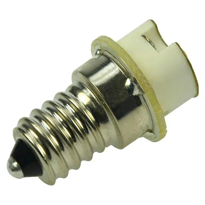 Talamex Sockeladapter für Boote - Sockel: E14 auf G4 - Nahaufnahme einer kleinen E14-Glühbirne mit Schraubsockel und weißem Anschlussstück vor schwarzem Hintergrund.
