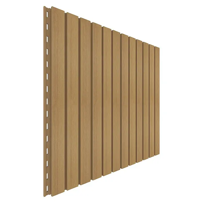 b!design Wandpaneel Outdoor - Eiche, WPC, 300 cm x 17,5 cm x 2,1 mm - Nahaufnahme einer Paneelwand mit Holzmaserung, ideal für stilvolle Innenarchitektur und Wandverkleidung.
