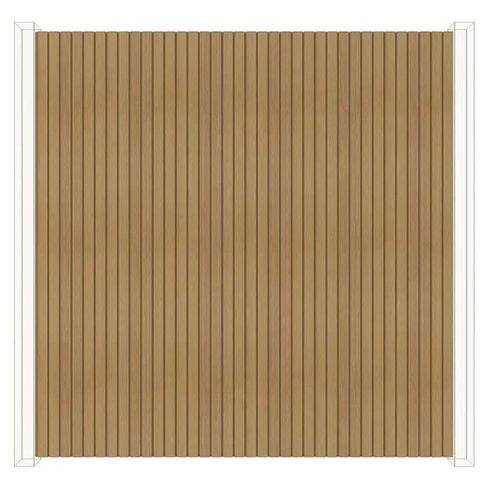 b!design Wandpaneel Outdoor - Eiche, WPC, 300 cm x 17,5 cm x 2,1 mm - Eine Nahaufnahme einer Holzwand mit vertikalen Lamellen und einem weißen Rahmen, die ein modernes und elegantes Design für Innenräume bietet.