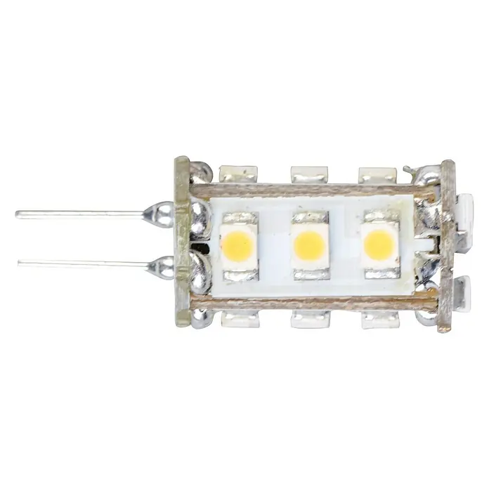 Talamex LED-Leuchtmittel für Boote - 1 W, 10 V - 30 V, Sockel: G4, Lichtfarbe: Warmweiß, G (A bis G) - Nahaufnahme einer G4 LED-Lampe mit drei Leuchtdioden, die auf einer Trägerplatine montiert sind.