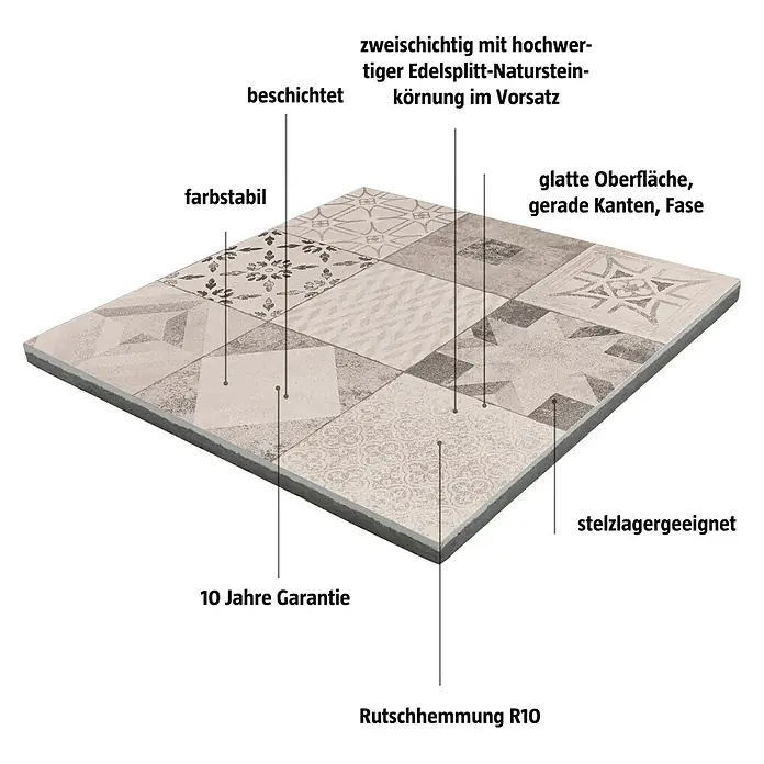 EHL Terrassenplatte Mosaik - 60 x 60 x 4 cm, Grau, Beton - Bild einer zweischichtigen, farbstabilen Bodenfliese mit Natursteinkörnung und 10 Jahren Garantie, rutschhemmend R10, stelzlagergeeignet.