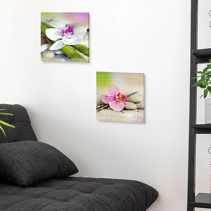 Leinwandbild Young Living - Positiv Energy I, B x H: 30 x 30 cm - Zwei Leinwandbilder mit Orchideenmotiven an einer weißen Wand, die ein modernes und entspannendes Ambiente schaffen.